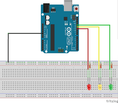 Schéma du feu tricolore avec Arduino UNO et trois LEDs
